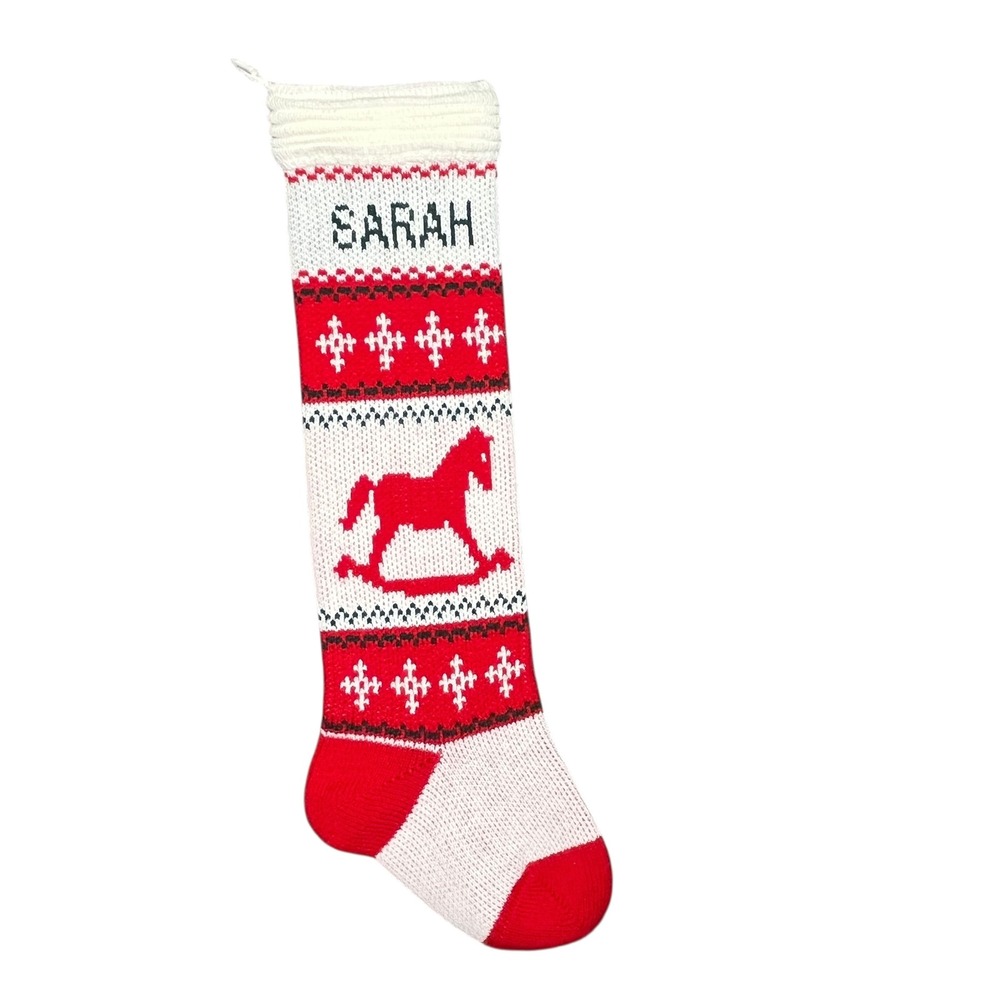 Sarah Christmas Stocking‎ Long 27" Red White Rocking Horse Knit Personalized